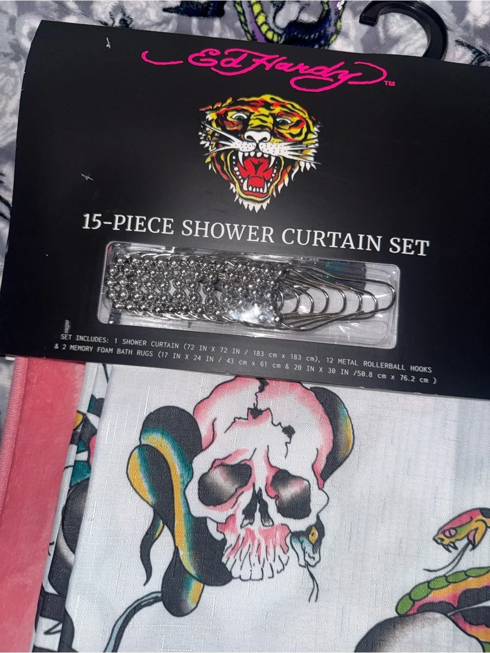 Ed Hardy Skull & Snake Shower Curtain Set in Pink